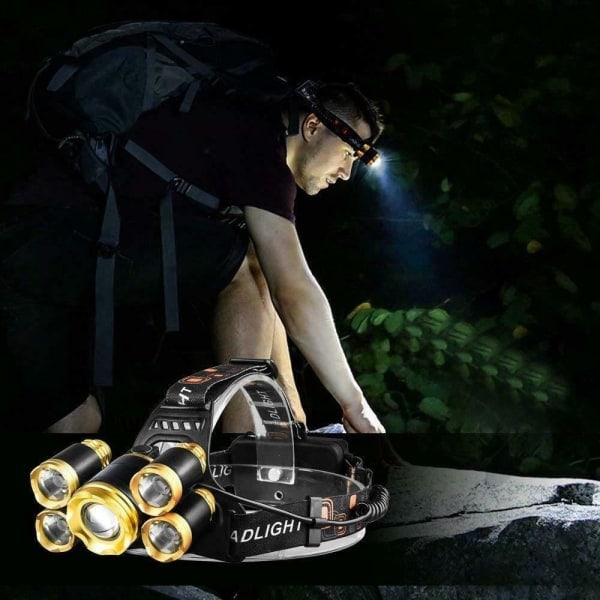 Kraftig pandelampe 5x T6 LED med batterier + 12V oplader + bil Sort