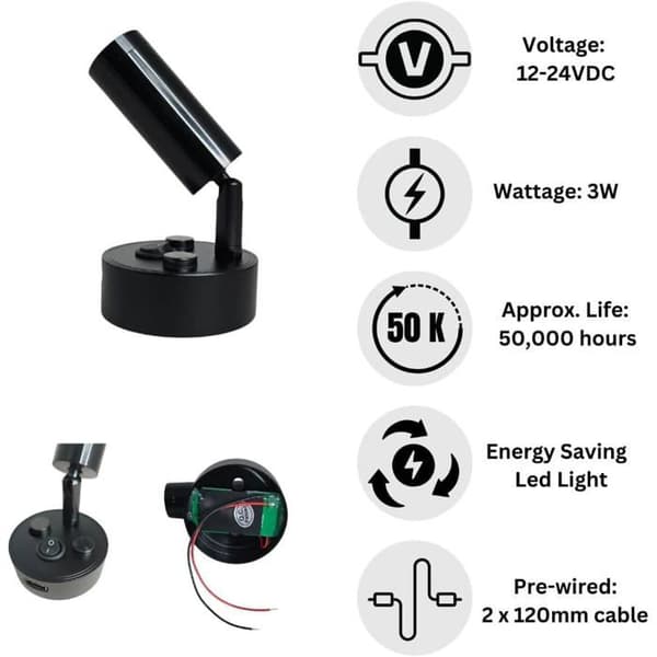 LED-læselamper - Sæt med 2 - Mat sort - 3000K belysning og USB - Autocamper og båd - Base