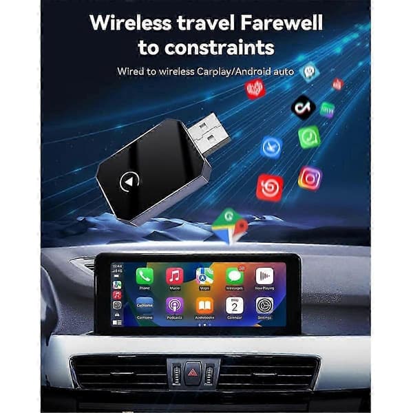 Trådlös CarPlay-adapter uppgraderad för iOS och Android Auto - Bluetooth 5.0, Plug & Play, Auto-anslutning
