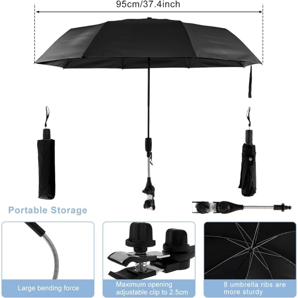 Universal barnevogn paraply 360° justerbar barnevogn paraply UPF 50+ solbeskyttelse barnevogn paraply med justerbar klips