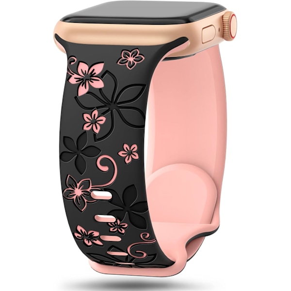 Blommiga graverade remmar kompatibla med Apple Watch-remmar för kvinnor, söta blommiga iWatch-band mjuka silikon sportremmar för iWatch-serien Black/Pink 42/44/45/49mm