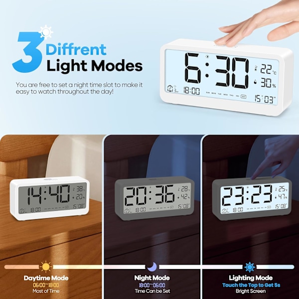 Digital vekkerklokke med stor LCD-skjerm, høy crescendo-ringetoneklokke, temperatur- og fuktighetsvisning, hvit