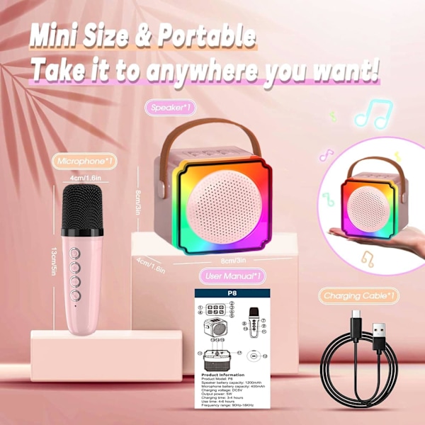 Barne-Karaoke Maskiner med 2 Mikrofoner, Bærbar Bluetooth-Høyttaler med Fargerike LED-Lys, Stemmeendring, Mini Karaoke-Maskin for Bursdagsgaver Pink