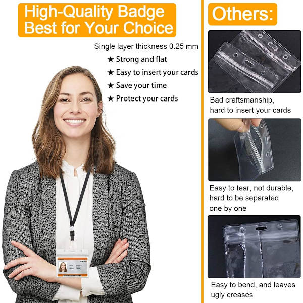 50 stk Plast Navneskilt Holdere Vertikalt/Horisontalt Badge ID-kort Holdere, Klare Vanntette ID-kort Holdere Navneskilt Holdere Horizontal