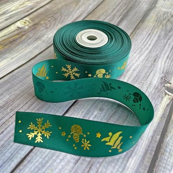 (Grön) 22 meter satinband med guldglitter i C för jul