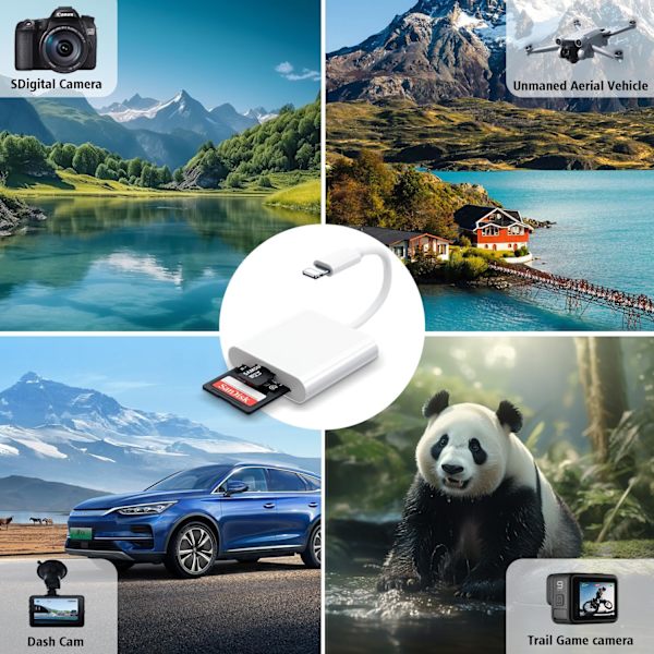 SD-kortlæser til iPhone/iPad, til SD-kort, hukommelseskort-adapter, kamera-kortlæser-adapter, visnings-SD-kort-adapter-konverter til iPhone Plug and Play Dual Slot
