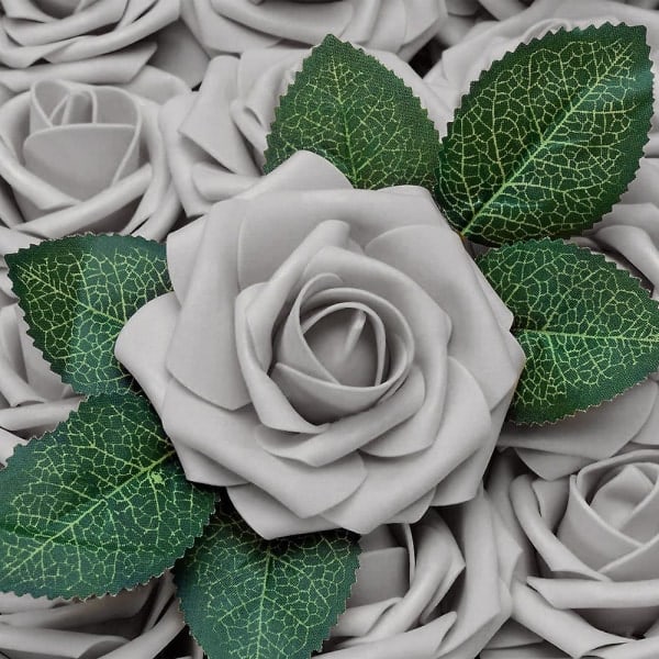 Konstgjorda Blommor 25st Falska Rosor med Stjälkar och 2 Blad för DIY Bröllopsbuketter Festdekoration grey