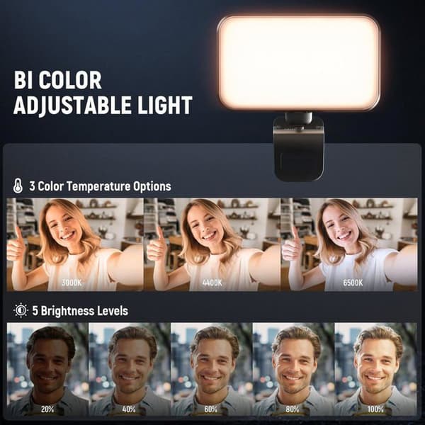 54 LED Selfie-lys med telefonclips - 650mAh batteri, USB-C, 3 tilstande, 5 lysstyrkeniveauer, CRI 88, bærbar