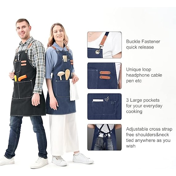 Canvas Chef Förkläde, Professionellt Verktygsförkläde, Justerbar Matlagningslapp, Kockförkläde för BBQ Hem Kök Restaurang Café Blue
