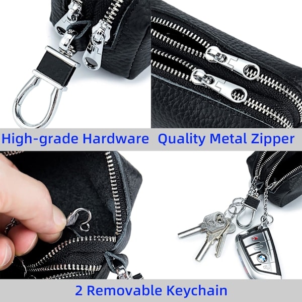 Äkta Läder Bilnyckelfodral Plånbok, Unisex Dubbel Dragkedja Nyckelring Myntväska med Metallkrok BIack