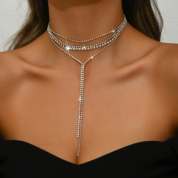 Rhinestone Halskjeder Sølv Lagdelt Halskjede Krystall Halskjede Kjeder Bryllupstilbehør for Kvinner A
