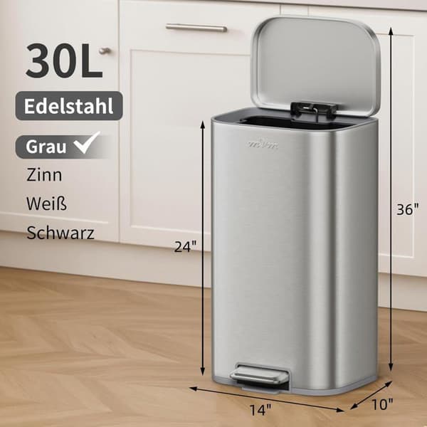 30L køkkenaffaldsspand i rustfrit stål med pedal og indvendig spand, soft-close mekanisme til badeværelse