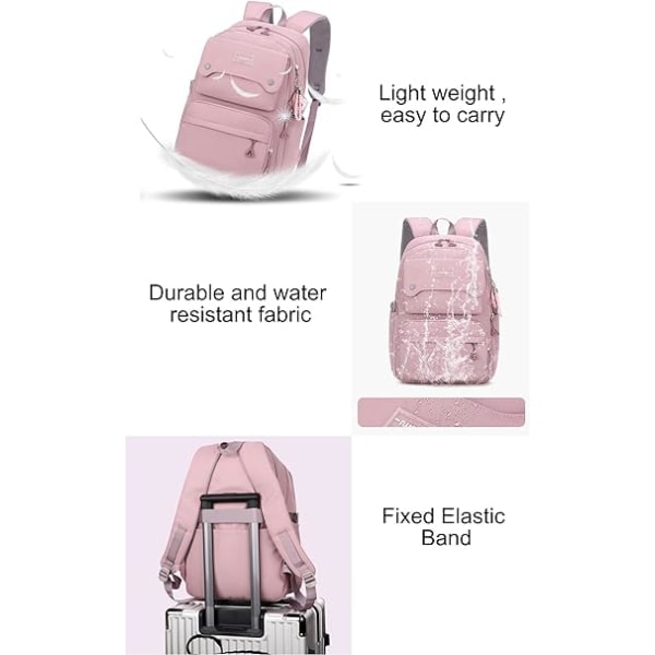 Ryggsäck för tonårsflickor, vardaglig, för gymnasiet, dagsryggsäck, dam, daglig reseryggsäck för laptop (rosa)