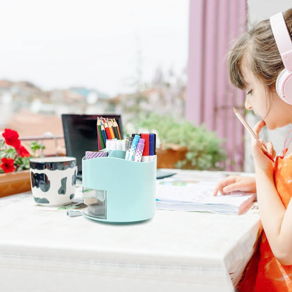 Roterende Pen- og Blyantsholder, 4 Rum Pen Pot - Skrivebordsstationær Opbevaring Makeupbørsteholder til Hjem og Kontor, Pen Organiser Desk Tidy Blue