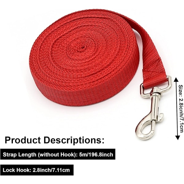 Ekstra Lang Hundetreningsline, 5m Nylonline for Store, Mellomstore og Små Hunder - Perfekt for Innkallingstrening, Lydighet, Løping, Camping Red