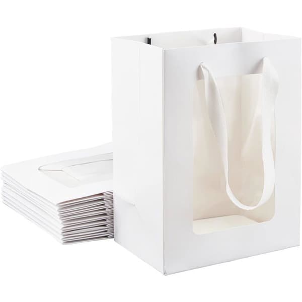10 hvide kraftpapirsposer med vindue, måler 20 x 15 x 10 cm