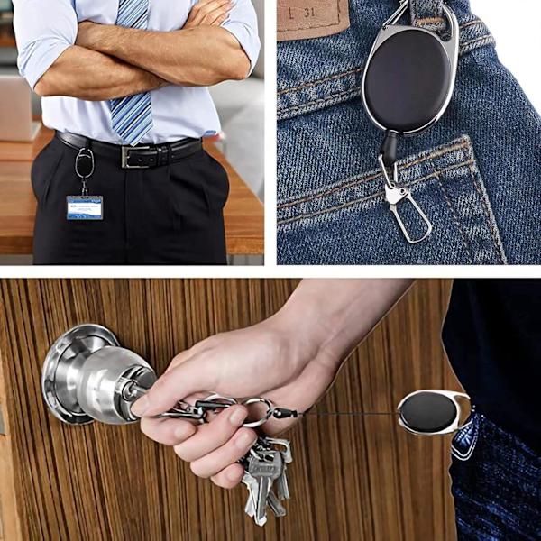 Tilbagetrækkelig nøglering, sikkerhedsnøgle-badgeholder med kraftige elastiske clips og stålkabel i sort til mænd (3,5 cm), 2 stk.