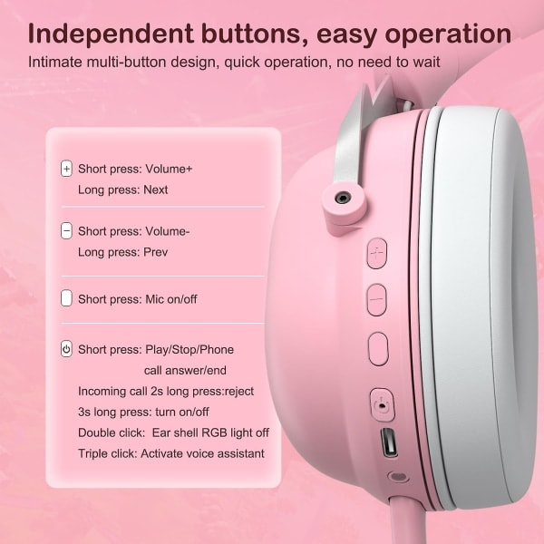 Fargerikt lysende Bluetooth-headset med katteører - Lang batteritid, stabil overføring og praktisk bruk pink