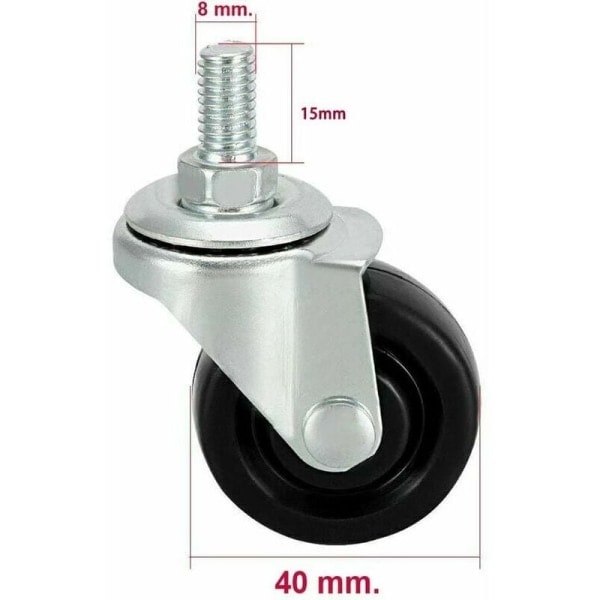 Sæt med 4 stk. 40 mm gummihjul med M8 gevindstang.