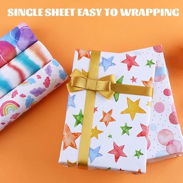 Sett med 4 ark gavepapir 50x70 cm assorterte mønstre for bursdag, jul og festlige feiringer