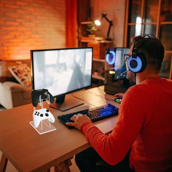Akryl 2-lags controller- og headsetstander, universalholder til gamepads, headsets, høretelefoner og skrivebord