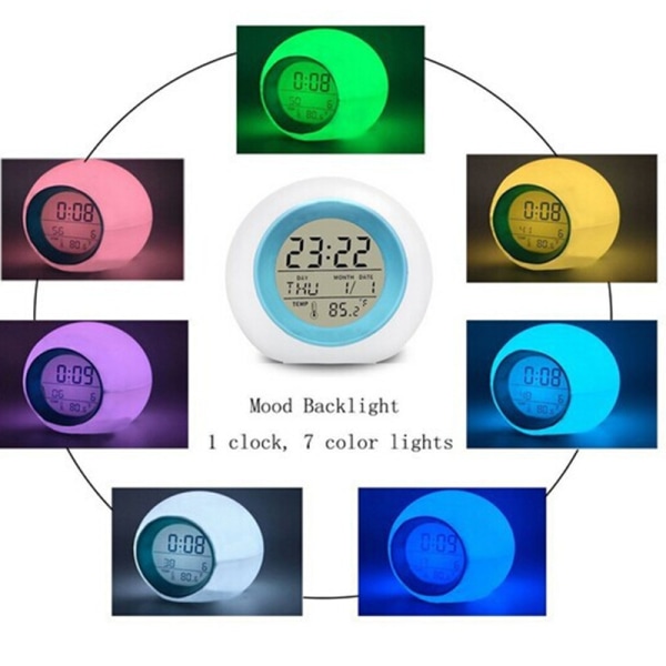 Barne-LED-vekkerklokke med 7 skiftende farger Barne-vekkerklokke med snooze-temperaturplan