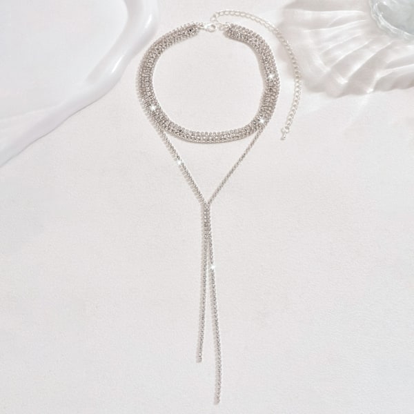 Rhinestone Halskjeder Sølv Lagdelt Halskjede Krystall Halskjede Kjeder Bryllupstilbehør for Kvinner A
