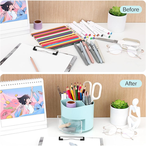 Roterende Pen- og Blyantsholder, 4 Rum Pen Pot - Skrivebordsstationær Opbevaring Makeupbørsteholder til Hjem og Kontor, Pen Organiser Desk Tidy Blue