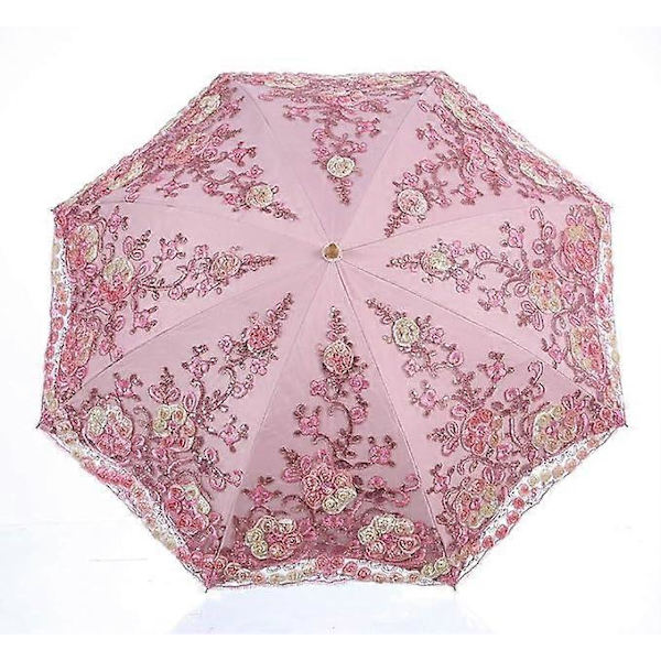Fällbart UV-parasoll Snö/Regn/Sol Parasoll Broderad Bröllopsparasoll Pink