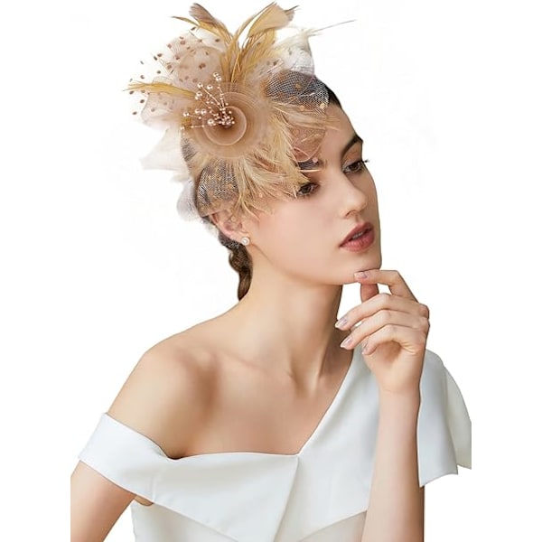 Nätfjäder Fascinator Blomma Hårclips Fascinator Hatt Brud Huvudbonad Bröllop Kyrka Te Party Derby Hattar Race Hattar Gold