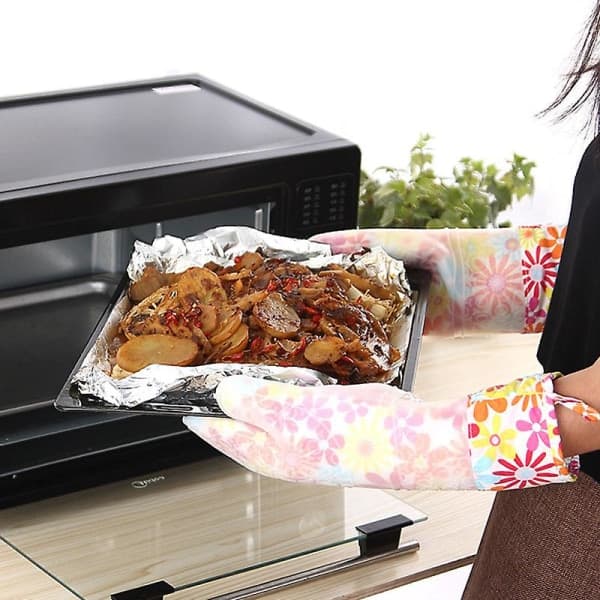 Värmebeständiga silikongrillhandskar med bomullsfoder, halkfria matlagningsgrillhandskar, ugnsvantar, köksbakhandskar 2Pcs Blue Dot