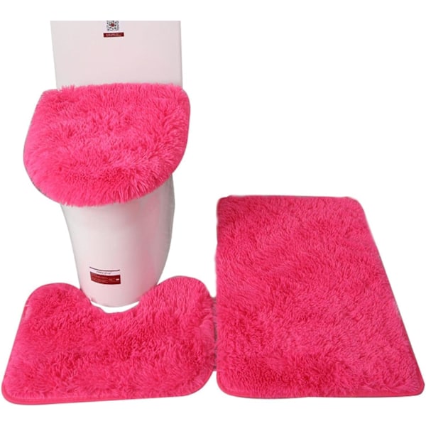 Mjuka Mikrofiber Badmattor Set med 3 delar, Badmatta + Konturmatta + Toalettlockskydd, Halksäkra Badmattor med PVC-prickar Flanellbakstycke Rose Red
