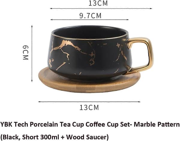 Porcelæns Tekop Kaffekrus Sæt til Eftermiddagste - Marmormønster (Sort, Kort 300ml + Træ Underkop)