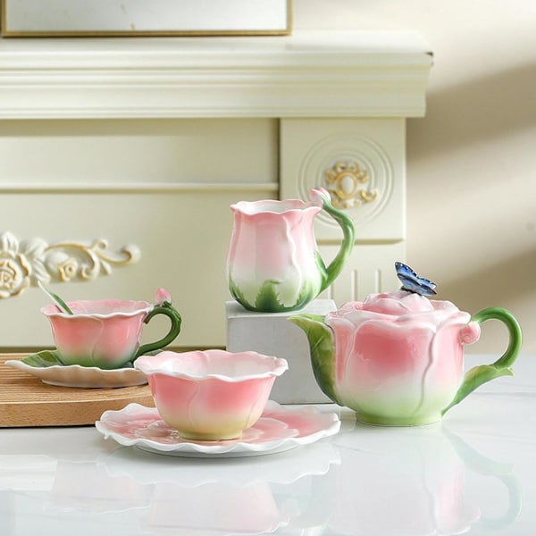 Fargerik Rose Keramisk Kaffe Mark Vannkopp, Tallerken, Plate, Pot Sett for kontor hjem restaurant kafé tehus - Rosa Rose Kanne Red