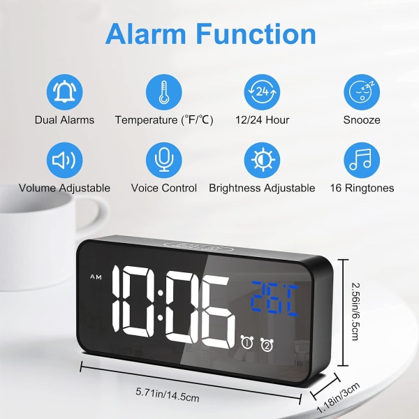 Väckarklocka, digital klocka med temperaturdisplay, snooze, USB driven uppladdningsbar klocka med dubbla larm för sovrum, säng