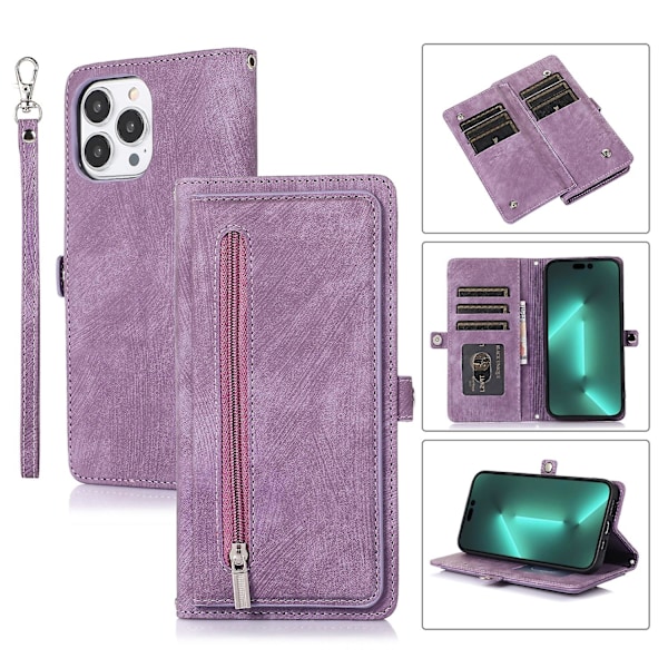 Mobilskal i läder med flera kortfack för iPhone 15 Pro Max Purple
