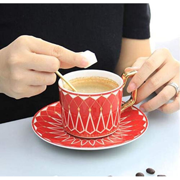 Elegant Teekopp och Fat Set i Keramik, 8oz Kaffekopp för Afternoon Tea - Geometrisk Mönster
