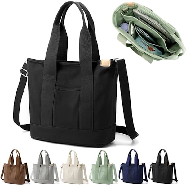 Multi-Pocket Tote Bag med dragkedja, Canvas Handgjord Handväska med fack, Multifunktion Satchels Bag för kvinnor Damer Univisity Skola Arbete Resor Black - Medium