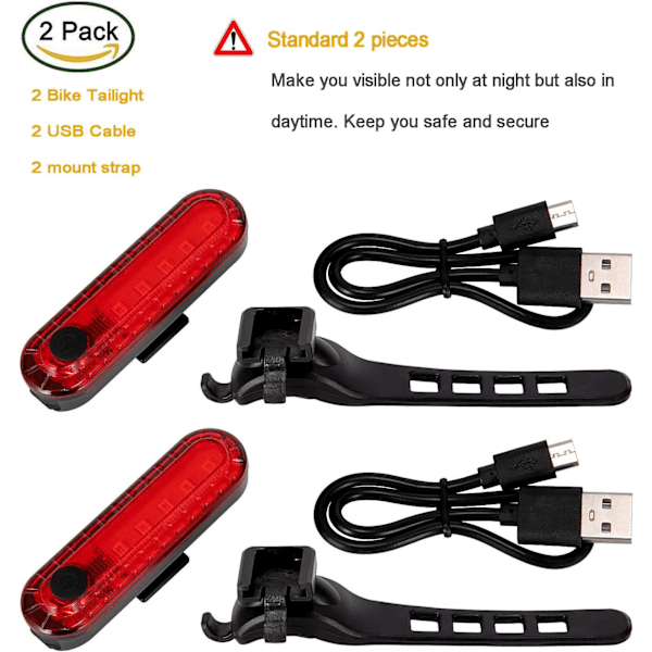 USB-ladattava LED-pyörätakavalo 2-pakkauksessa, kirkas pyöräilyturvavalo