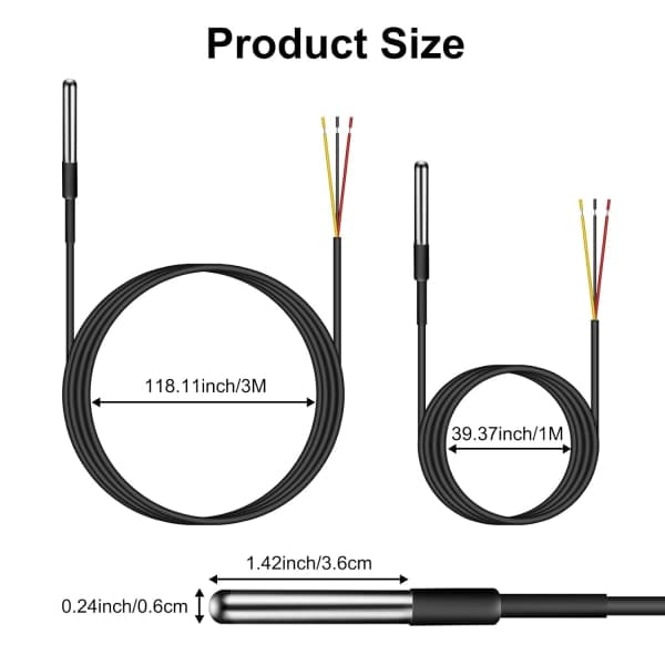 10 st DS18B20 Digital Temperatursensor, 5 x 3M, 5 x 1M Termisk Kabel Vattentät Sensor -55°C till +125°C Rostfritt Stålrörssensor
