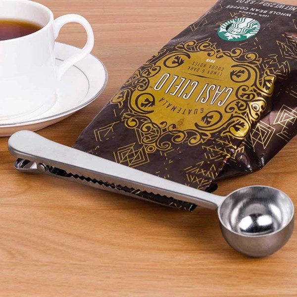 2 stk. Kaffeskje med Pose Klips, Rustfritt Stål Kaffemåleskje Malt Kaffe Tetning