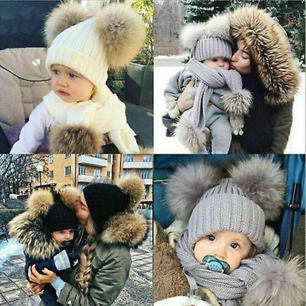 Nyfödd Baby Pojke Flicka Dubbel Pälsboll Mössa Vinter Varm Stickad Toffsmössa Grey Kids(0-3Y)
