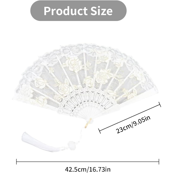Käsikäyttöinen taittuva tuuletin, Valkoinen pitsi käsikäyttöinen tuuletin, Elegantti häätuuletin häihin, kesäjuhliin, DIY-projekteihin, syntymäpäiville, tanssiin, seinäkoristeeksi, 23cm