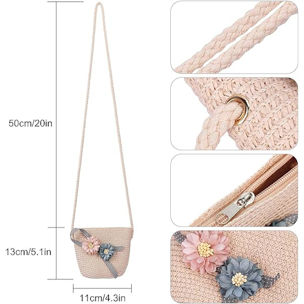 Solhatt Sommar Strand Halmhattar och Mini Söt Väska Set med Blommor Dekoration för Semester Utomhusaktiviteter Pink