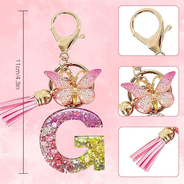 Alfabetet nøglering ringe Pink Cute nøglering med sommerfugl kvast vedhæng indledende bogstaver G