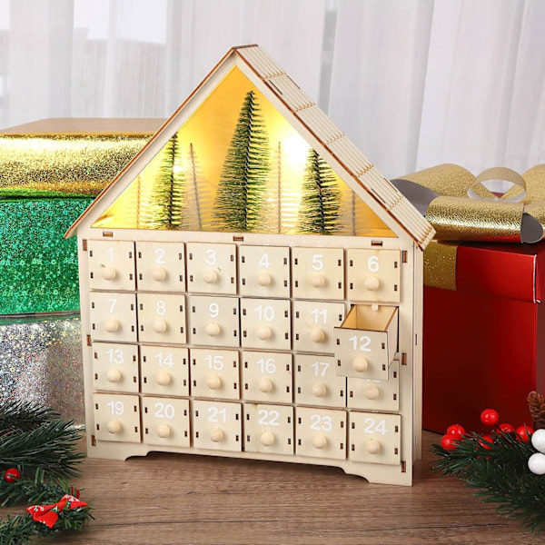Träjulkalender med 24 lådor, LED-belysning, juldekoration