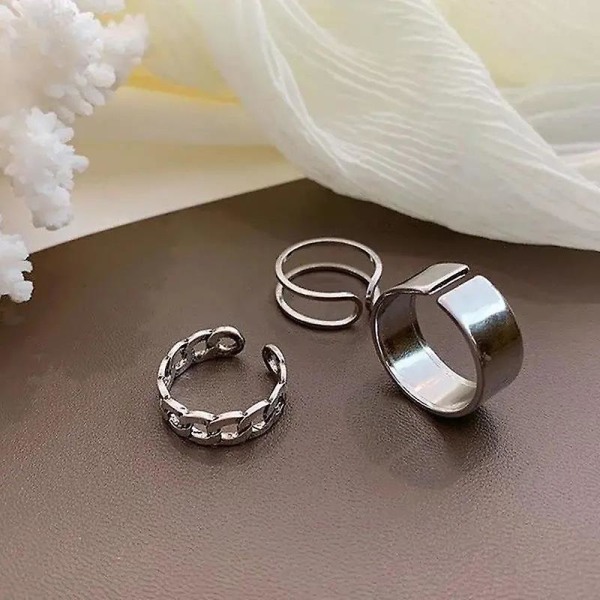 3st Silver Stacked Ring Chain Ring Set Dammode
