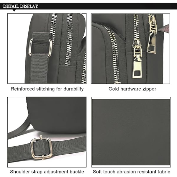 1 st. Crossbody-väska för kvinnor, Nylonplånboks axelväska, 3 lager blixtlås mobiltelefonväska med justerbar rem. Grey