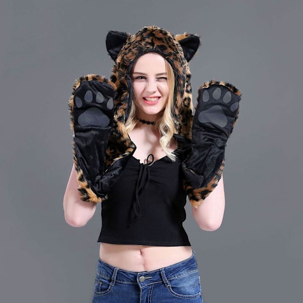 3 i 1 Fluffy Plush Dyr Ulv Leopard Hætte Halsklæde Hat med Poter Vanter Handsker Tyk Vinter Varmt Øreklapper Bomber Hat til Kvinder Mænd