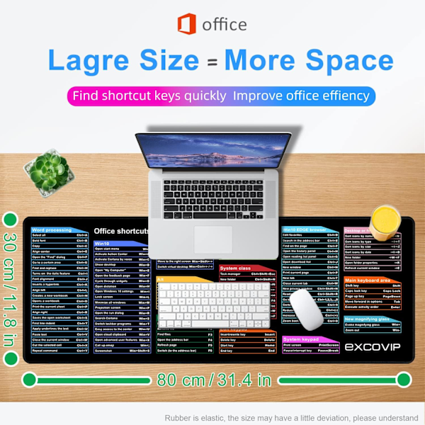 Stor Spillmusmatte, Lang XXL Musmatte, Kontor-Snarveismatte, Utvidet Datamusmatte/Skrivebordsmatte med Sydd Kant for Spillere, Kontor, Hjem Office Shortcuts A 800x300mm